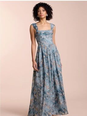 Azazie Blue Floral Empire-Waist Maxi Dress with Pockets
